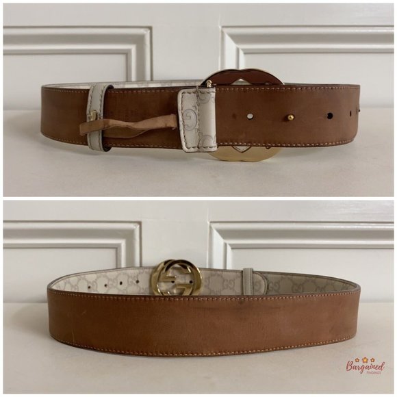 Authentic Gucci Cream Guccissima Leather Gold Interlocking G Buckle Belt 85/34 - Picture 6 of 13